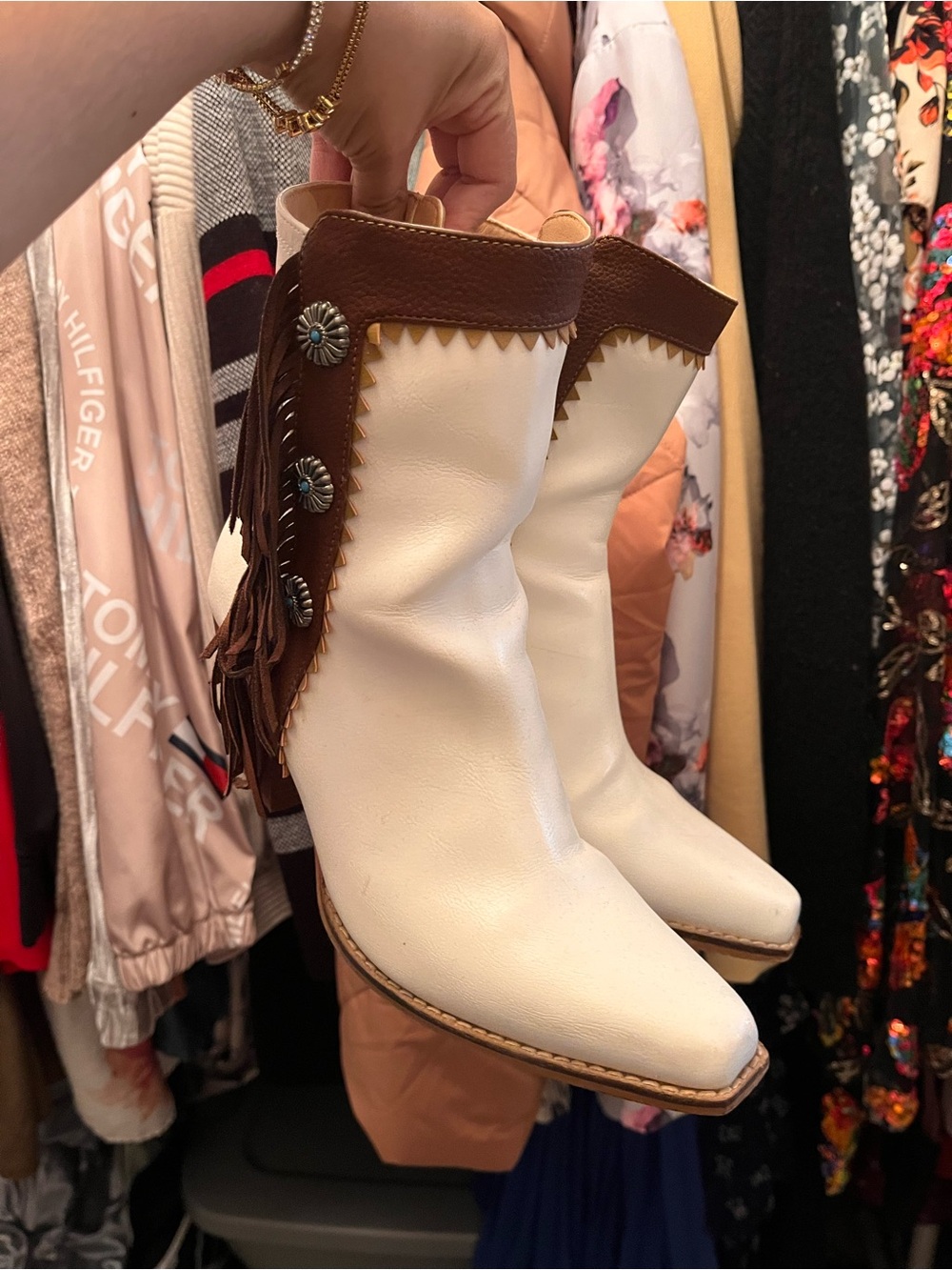 Western Fringe Mid-Calf Boots - White and Brown